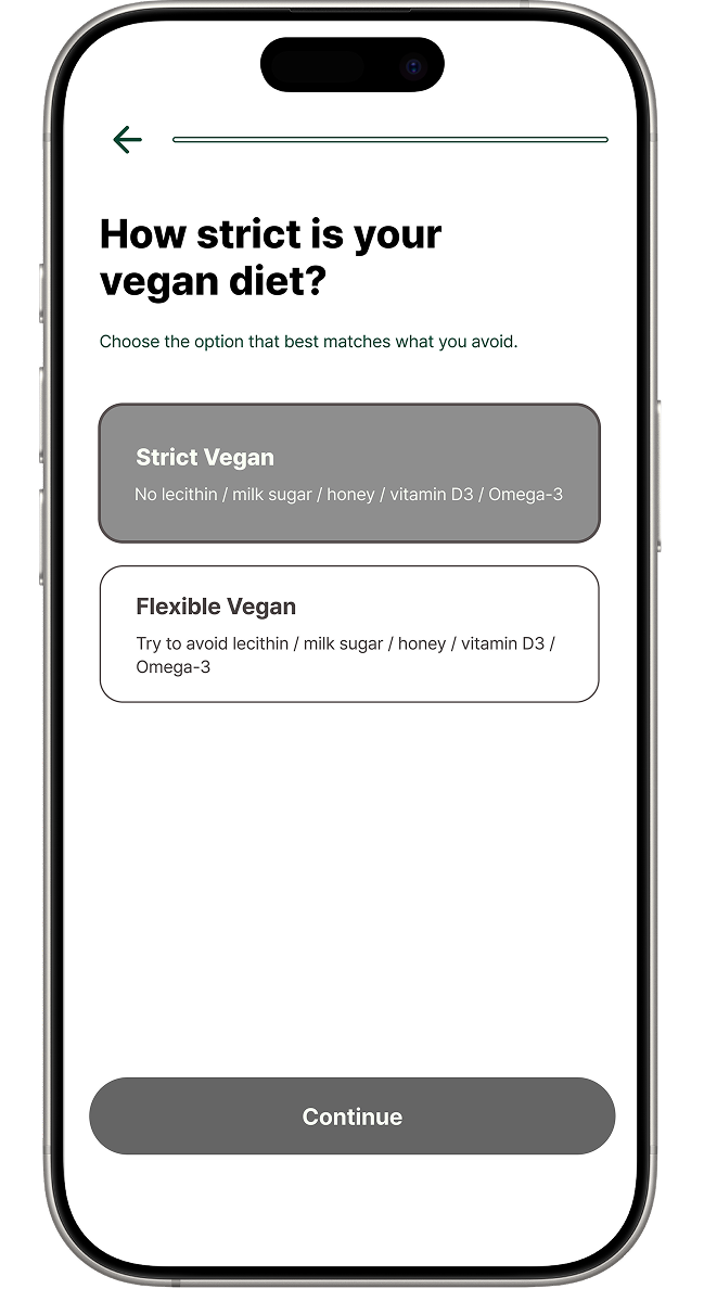 Vegan preference wireframe